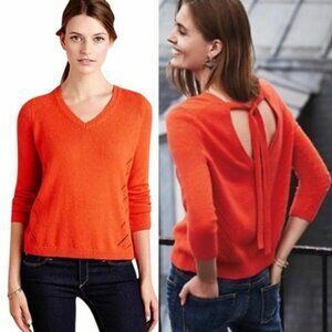 Anthropologie Moth Cashmere V-Neck Ribbon Tie Back Pullover‎ Knit Sweater XS Pet